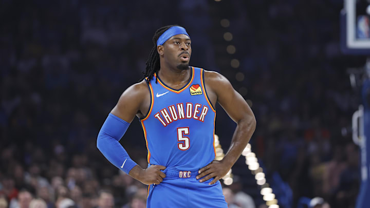 Apr 2, 2026; Oklahoma City, Oklahoma, USA; Oklahoma City Thunder guard Luguentz Dort (5) stands during Los Angeles Lakers free throw baskets during the first quarter at Paycom Center. Mandatory Credit: Alonzo Adams-Imagn Images
