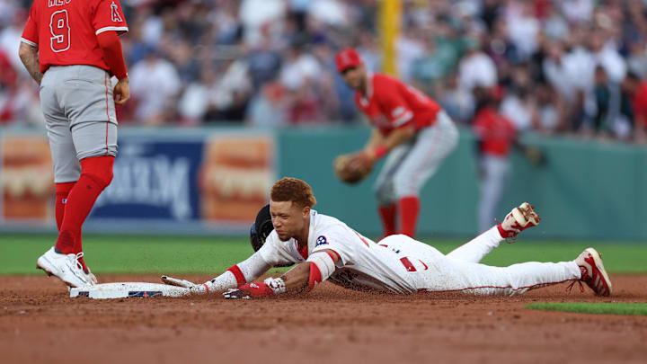 Boston Red Sox second baseman Kristian Campbell (28) slides into second base during the third inning against the Los Angeles Angels at Fenway Park on June 3. Boston Red Sox second baseman Kristian Campbell (28) slides into second base during the third inning against the Los Angeles Angels at Fenway Park on June 3.