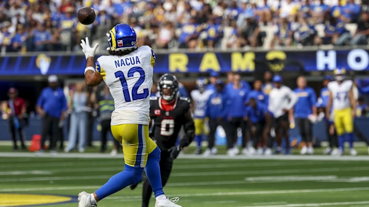 Sep 7, 2025; Inglewood, California, USA; Los Angeles Rams wide receiver Puka Nacua (12) catches a pass during the fourth quarter at SoFi Stadium. Mandatory Credit: Kiyoshi Mio-Imagn Images Sep 7, 2025; Inglewood, California, USA; Los Angeles Rams wide receiver Puka Nacua (12) catches a pass during the fourth quarter at SoFi Stadium. Mandatory Credit: Kiyoshi Mio-Imagn Images