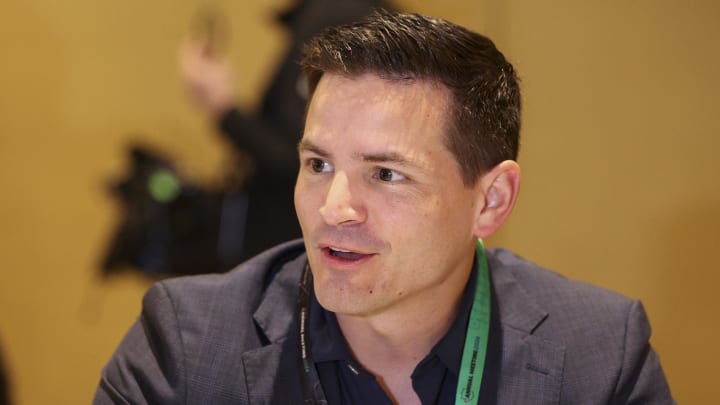 Mar 26, 2024; Orlando, FL, USA;   Seattle Seahawks head coach Mike Macdonald speaks to the media