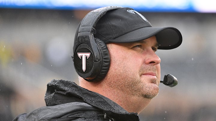 Oct 5, 2019; Columbia, MO, USA; Troy Trojans head coach Chip Lindsey watches the scoreboard during the first half against the Missouri Tigers at Memorial Stadium/Faurot Field. Mandatory Credit: Denny Medley-Imagn Images