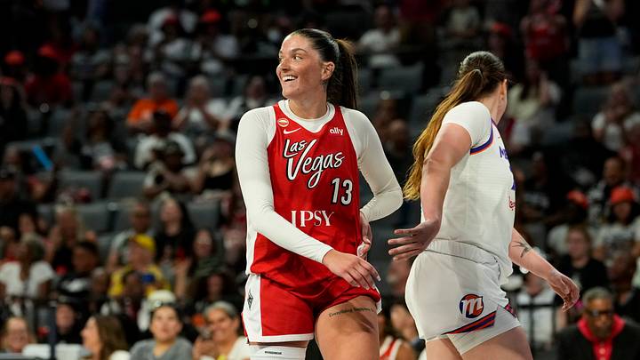 Jul 11, 2026; Las Vegas, Nevada, USA; Las Vegas Aces guard-forward Justine Pissott (13) reacts after scoring against the Phoenix Mercury during the fourth quarter of a WNBA basketball game at Michelob Ultra Arena. Mandatory Credit: Lucas Peltier-Imagn Images Jul 11, 2026; Las Vegas, Nevada, USA; Las Vegas Aces guard-forward Justine Pissott (13) reacts after scoring against the Phoenix Mercury during the fourth quarter of a WNBA basketball game at Michelob Ultra Arena. Mandatory Credit: Lucas Peltier-Imagn Images