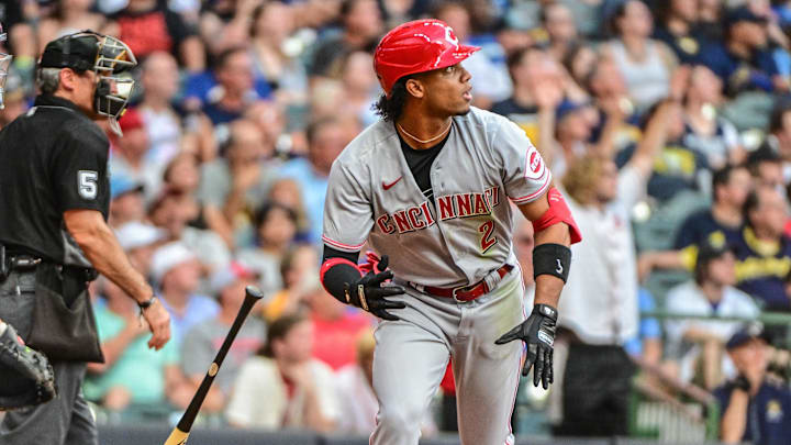 Cincinnati Reds shortstop Jose Barrero (2) watches after hitting his first home run.