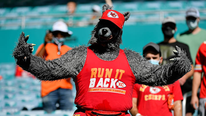 Dec 13, 2020; Miami Gardens, Florida, USA; A Kansas City Chiefs fan dressed as a wolf poses for a photo while attending the game between the Miami Dolphins and the Kansas City Chiefs at Hard Rock Stadium. Mandatory Credit: Jasen Vinlove-Imagn Images