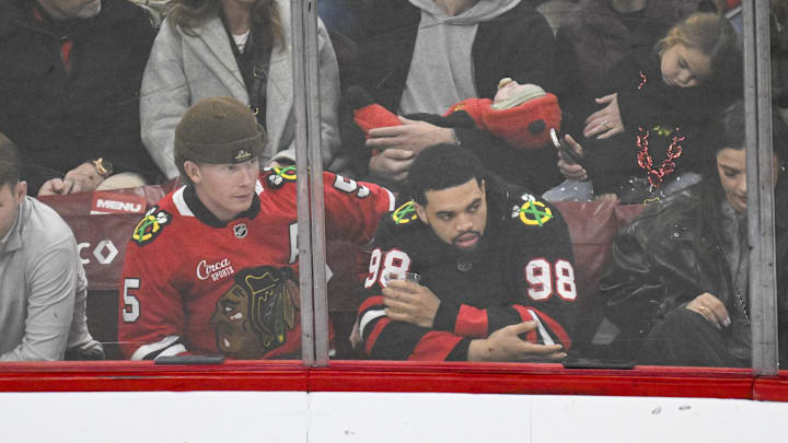 Cubs outfielder Pete Crow-Armstrong joins Bears QB, the Iceman, Caleb Williams, watching a game on ice—the Blackhawks and Jets. Cubs outfielder Pete Crow-Armstrong joins Bears QB, the Iceman, Caleb Williams, watching a game on ice—the Blackhawks and Jets.