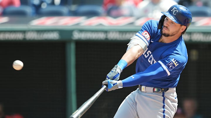 Kansas City Royals first baseman Vinnie Pasquantino (9) hits a home run during the first inning against the Cleveland Guardians on Aug 28.