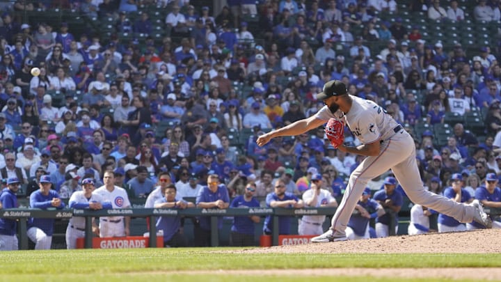 May 7, 2023; Chicago, Illinois, USA; Miami Marlins starting pitcher Sandy Alcantara (22) throws the ball against the Chicago Cubs during the ninth inning at Wrigley Field. Mandatory Credit: David Banks-Imagn Images