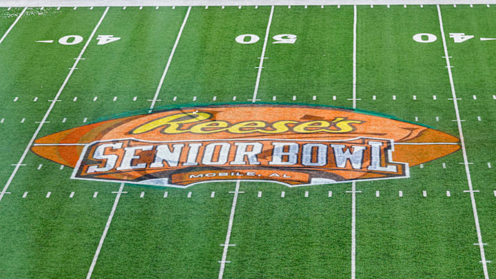 Feb 5, 2022; Mobile, AL, USA; A general view of the field after the completion of the 2022 Reese s Senior bowl at Hancock Whitney Stadium. Feb 5, 2022; Mobile, AL, USA; A general view of the field after the completion of the 2022 Reese s Senior bowl at Hancock Whitney Stadium.