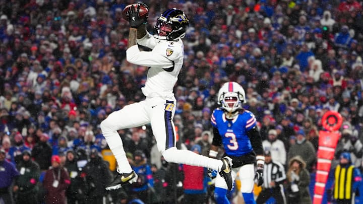 Rashod Bateman leaps for a touchdown catch against the Bills.