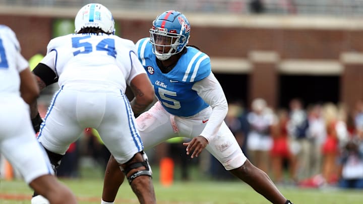 Sep 28, 2024; Oxford, Mississippi, USA; Mississippi Rebels defensive linemen Jared Ivey (15) rushes during the first half against the Kentucky Wildcats at Vaught-Hemingway Stadium. Mandatory Credit: Petre Thomas-Imagn Images Sep 28, 2024; Oxford, Mississippi, USA; Mississippi Rebels defensive linemen Jared Ivey (15) rushes during the first half against the Kentucky Wildcats at Vaught-Hemingway Stadium. Mandatory Credit: Petre Thomas-Imagn Images