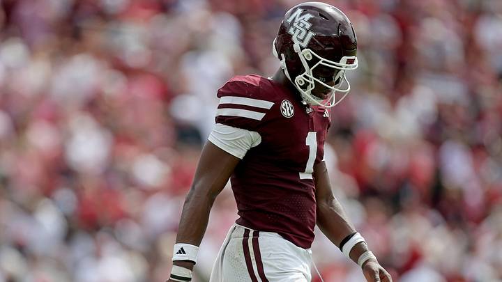 Oct 3, 2026; Starkville, Mississippi, USA; Mississippi State Bulldogs quarterback Kamario Taylor (1) reacts during the second quarter against the Alabama Crimson Tide at Davis Wade Stadium at Scott Field. Mandatory Credit: Petre Thomas-Imagn Images