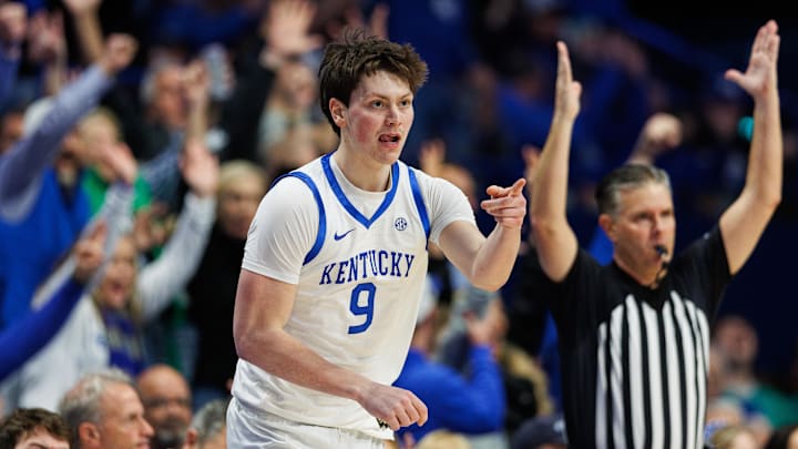 Feb 11, 2025; Lexington, Kentucky, USA; Kentucky Wildcats forward Trent Noah (9) reacts after making a three point basket during the first half against the Tennessee Volunteers at Rupp Arena at Central Bank Center. Mandatory Credit: Jordan Prather-Imagn Images