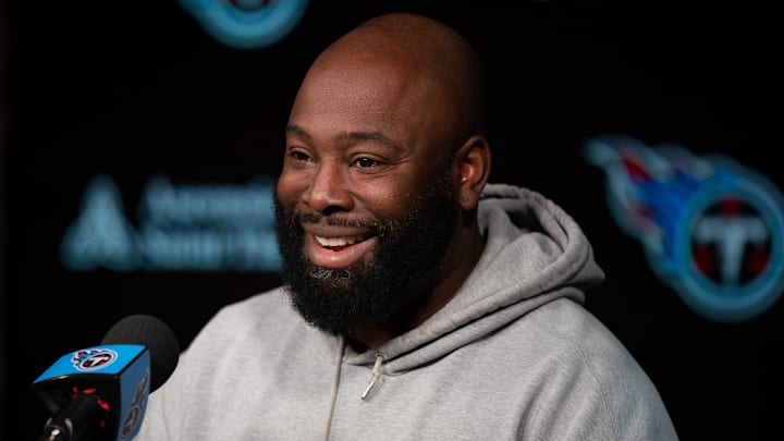 Tennessee Titans General Manager Ran Carthon fields questions at a press conference at Ascension Saint Thomas Sports Park Tuesday morning, April 2, 2024.
