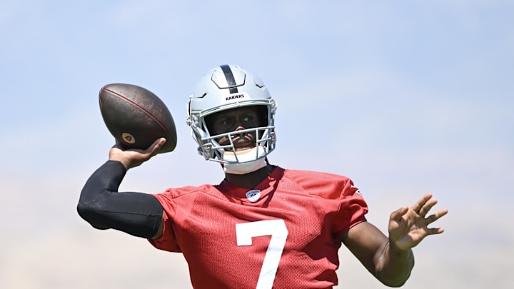 Jun 11, 2025; Henderson, NV, USA; Las Vegas Raiders quarterback Geno Smith (7) throws the ball during Las Vegas Raiders Minicamp at Intermountain Health Performance Center. Mandatory Credit: Candice Ward-Imagn Images