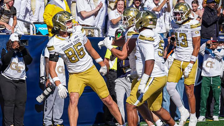 Oct 24, 2026; Atlanta, Georgia, USA; Georgia Tech Yellow Jackets tight end Kevin Roche Jr. (86) reacts with teammates after catching a touchdown pass against the Boston College Eagles during the first half at Bobby Dodd Stadium at Hyundai Field. Mandatory Credit: Dale Zanine-Imagn Images