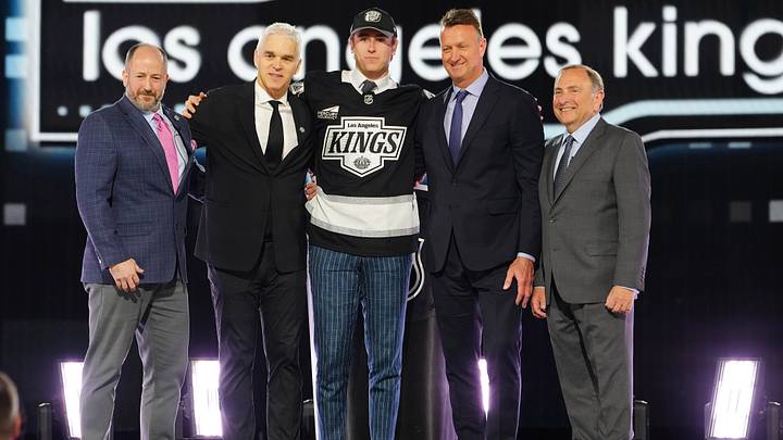 Jun 28, 2024; Las Vegas, Nevada, USA; Liam Greentree is selected by the Los Angeles Kings with the 26th overall pick in the first round of the 2024 NHL Draft at The Sphere. Mandatory Credit: Stephen R. Sylvanie-USA TODAY Sports Jun 28, 2024; Las Vegas, Nevada, USA; Liam Greentree is selected by the Los Angeles Kings with the 26th overall pick in the first round of the 2024 NHL Draft at The Sphere. Mandatory Credit: Stephen R. Sylvanie-USA TODAY Sports