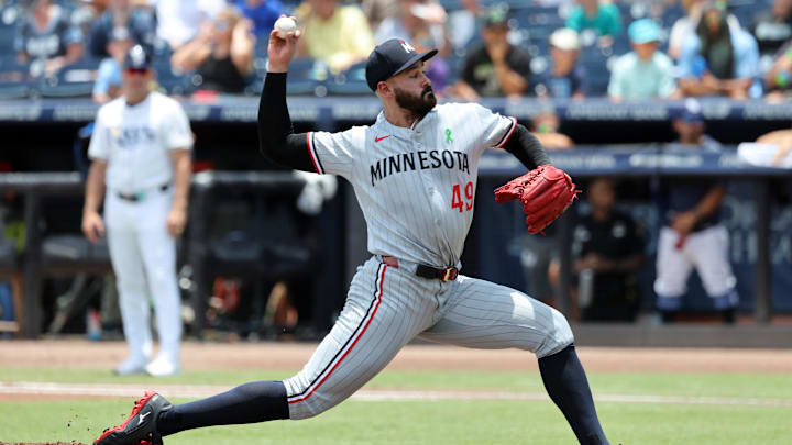 May 28, 2025; Minneapolis, Minnesota, USA; Minnesota Twins starting pitcher Pablo Lopez (49) throws a pitch against the Tampa Bay Rays during the first inning  at George M. Steinbrenner Field. Mandatory Credit: Kim Klement Neitzel-Imagn Images
