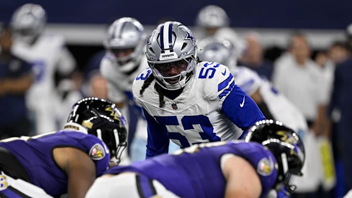 Aug 16, 2025; Arlington, Texas, USA; Dallas Cowboys linebacker James Houston (53) looks on during the game between the Dallas Cowboys and the Baltimore Ravens at AT&T Stadium. Mandatory Credit: Jerome Miron-Imagn Images