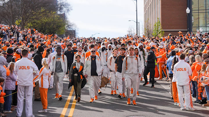 Tennessee football players at the Vol Walk before a NCAA football game between Tennessee and Vanderbilt at Neyland Stadium in Knoxville, Tenn., on Nov. 29, 2025. Tennessee football players at the Vol Walk before a NCAA football game between Tennessee and Vanderbilt at Neyland Stadium in Knoxville, Tenn., on Nov. 29, 2025.