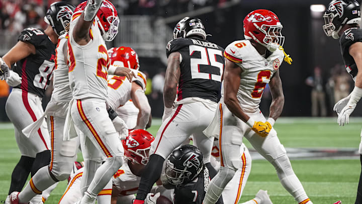 Sep 22, 2024; Atlanta, Georgia, USA; Kansas City Chiefs safety Bryan Cook (6) reacts after the Chiefs stopped the Atlanta Falcons on fourth down during the second half at Mercedes-Benz Stadium.