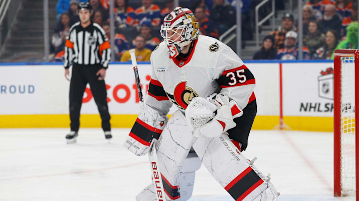 Dec 22, 2024; Edmonton, Alberta, CAN; Ottawa Senators goaltender Linus Ullmark (35) gets ready to face a shot against the Edmonton Oilers at Rogers Place. Mandatory Credit: Perry Nelson-Imagn Images