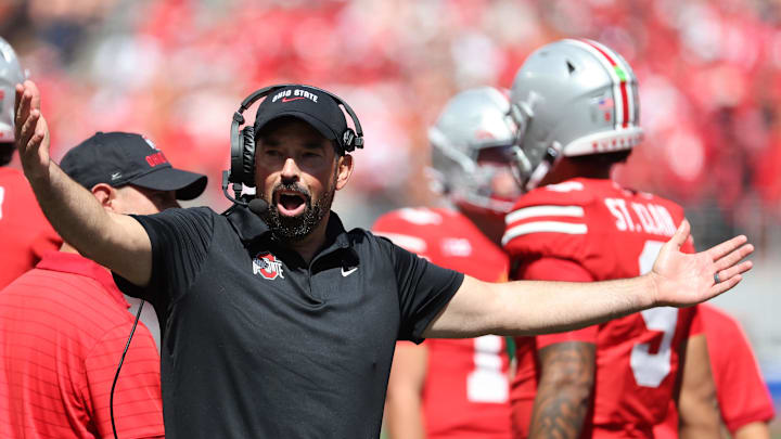 Aug 30, 2025; Columbus, Ohio, USA; Ohio State Buckeyes head coach Ryan Day reacts against the Texas Longhorns in the second half at Ohio Stadium. Mandatory Credit: Joseph Maiorana-Imagn Images