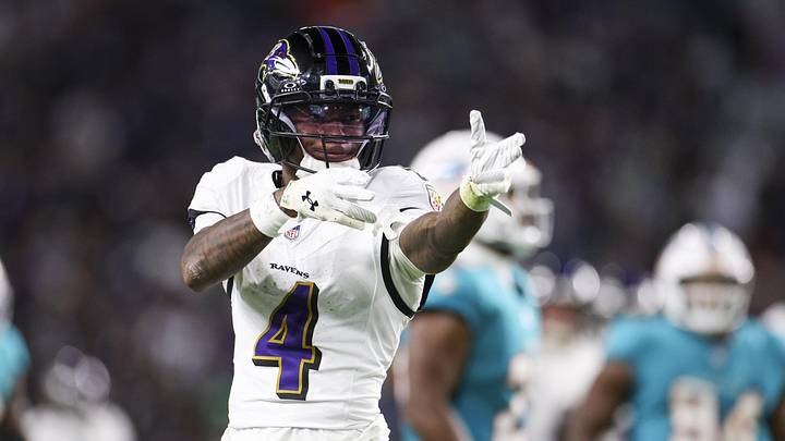Baltimore Ravens wide receiver Zay Flowers (4) reacts after a play against the Miami Dolphins in the third quarter at Hard Rock Stadium. 