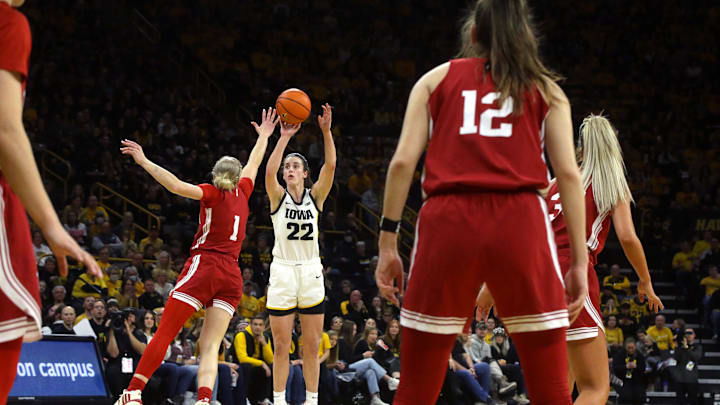Iowa's Caitlin Clark (22) shoots against Indiana on Saturday, Jan. 13, 2024, at Carver-Hawkeye Arena.