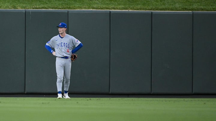 Jun 24, 2025; St. Louis, Missouri, USA;  Chicago Cubs center fielder Pete Crow-Armstrong (4) looks on after St. Louis Cardinals shortstop Masyn Winn (not pictured) scored from second base on a sacrifice fly during the fourth inning at Busch Stadium