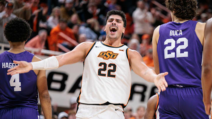 Jan 17, 2026; Stillwater, Oklahoma, USA; Parsa Fallah (22) of the Oklahoma State Cowboys reacts after a play during the second half against the Kansas State Wildcats at Gallagher-Iba Arena. Mandatory Credit: William Purnell-Imagn Images