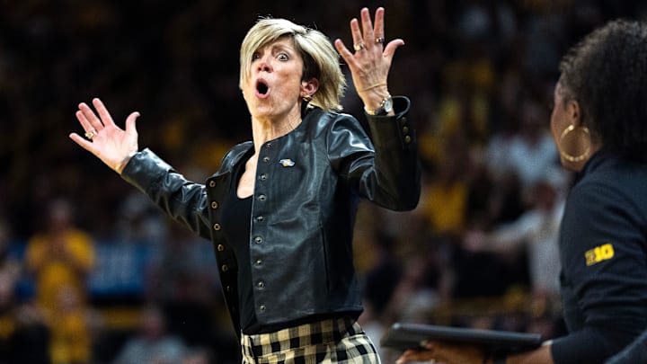 Iowa head coach Jan Jensen reacts March 21, 2026 during a First Round NCAA March Madness game against the Fairleigh Dickinson Knights at Carver-Hawkeye Arena in Iowa City, Iowa.