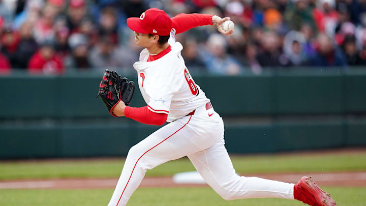Cincinnati Reds pitcher chase petty throws a pitch in the first inning of the final spring training game between the Cincinnati Reds and Reds prospects, Tuesday, March 25, 2025, at Day Air Ballpark in Dayton.
