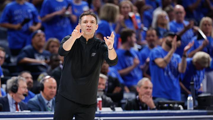 May 18, 2026; Oklahoma City, Oklahoma, USA; Oklahoma City Thunder head coach Mark Daigneault reacts during the third quarter against the San Antonio Spurs during game one of the western conference finals for the 2026 NBA playoffs at Paycom Center. Mandatory Credit: Alonzo Adams-Imagn Images