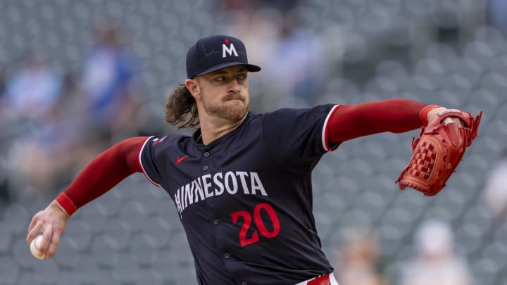 Minnesota Twins starting pitcher Chris Paddack (20) delivers a pitch against the Colorado Rockies in the first inning at Target Field in Minneapolis on June 10, 2024. 