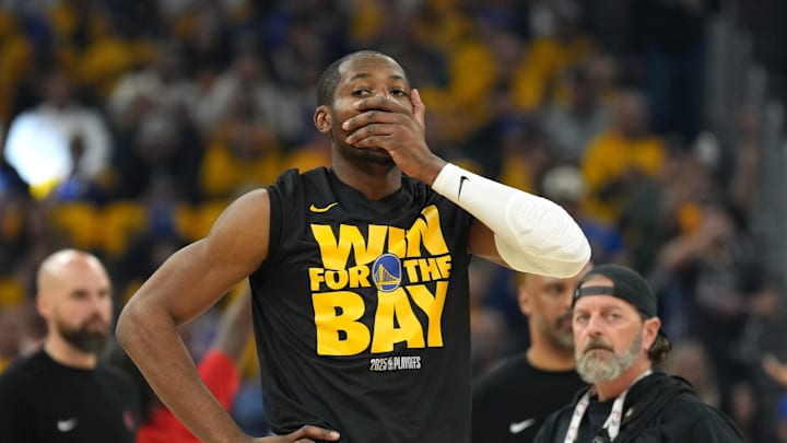 Apr 26, 2025; San Francisco, California, USA; Golden State Warriors forward Jonathan Kuminga (00) before game three of first round for the 2024 NBA Playoffs against the Houston Rockets at Chase Center. Mandatory Credit: Darren Yamashita-Imagn Images Apr 26, 2025; San Francisco, California, USA; Golden State Warriors forward Jonathan Kuminga (00) before game three of first round for the 2024 NBA Playoffs against the Houston Rockets at Chase Center. Mandatory Credit: Darren Yamashita-Imagn Images