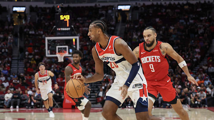 Nov 11, 2024; Houston, Texas, USA; Washington Wizards forward Alexandre Sarr (20) dribbles against Houston Rockets forward Dillon Brooks (9) in the second half at Toyota Center. Mandatory Credit: Thomas Shea-Imagn Images Nov 11, 2024; Houston, Texas, USA; Washington Wizards forward Alexandre Sarr (20) dribbles against Houston Rockets forward Dillon Brooks (9) in the second half at Toyota Center. Mandatory Credit: Thomas Shea-Imagn Images