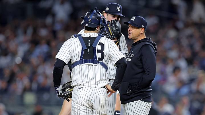 Oct 8, 2025; Bronx, New York, USA; New York Yankees manager Aaron Boone visits pitcher Cam Schlittler (31) on mound during the sixth inning against the Toronto Blue Jays during game four of the ALDS round for the 2025 MLB playoffs at Yankee Stadium. Mandatory Credit: Brad Penner-Imagn Images Oct 8, 2025; Bronx, New York, USA; New York Yankees manager Aaron Boone visits pitcher Cam Schlittler (31) on mound during the sixth inning against the Toronto Blue Jays during game four of the ALDS round for the 2025 MLB playoffs at Yankee Stadium. Mandatory Credit: Brad Penner-Imagn Images