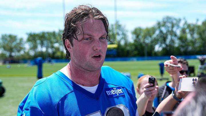 Detroit Lions offensive tackle Blake Miller speaks to media members during OTAs at Meijer Performance Center in Allen Park on Friday, May 29, 2026. Detroit Lions offensive tackle Blake Miller speaks to media members during OTAs at Meijer Performance Center in Allen Park on Friday, May 29, 2026.