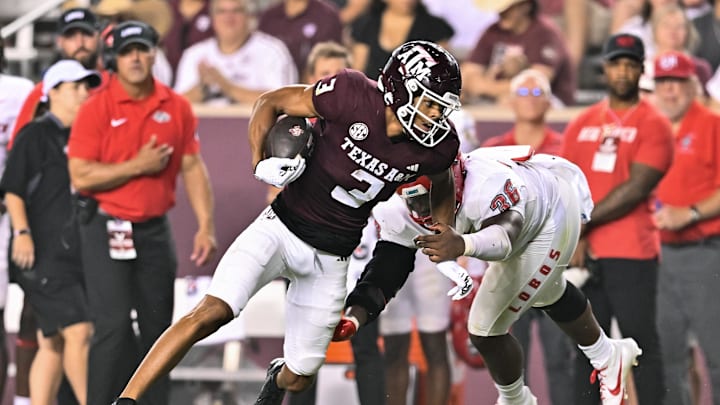 Sep 2, 2023; College Station, Texas, USA; New Mexico Lobos defensive end Destin Gainer (93) tackles