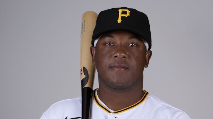 Feb 22, 2023; Bradenton, FL, USA; Pittsburgh Pirates infielder Malcom Nunez (78) poses for photos