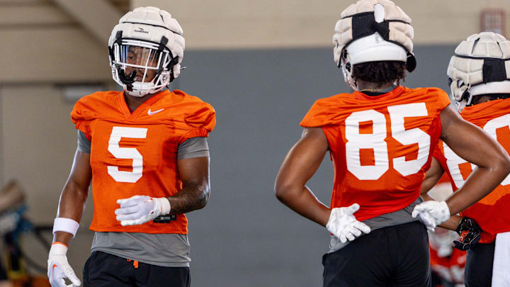Da'Wain Lofton (5) runs drills during an Oklahoma State football practice in Stillwater, Okla., on Wednesday, July 31, 2024.