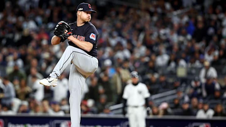 Oct 14, 2024; Bronx, New York, USA; Cleveland Guardians pitcher Alex Cobb (35) pitches during the second inning against the New York Yankees in game one of the ALCS for the 2024 MLB Playoffs at Yankee Stadium. Mandatory Credit: Wendell Cruz-Imagn Images