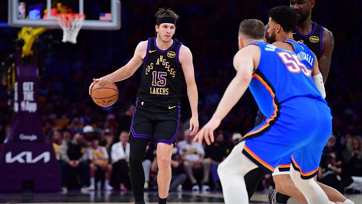 May 11, 2026; Los Angeles, California, USA; Los Angeles Lakers guard Austin Reaves (15) moves the ball against Oklahoma City Thunder center Isaiah Hartenstein (55) during the first half in game four of the second round of the 2026 NBA Playoffs at Crypto.com Arena. Mandatory Credit: Gary A. Vasquez-Imagn Images May 11, 2026; Los Angeles, California, USA; Los Angeles Lakers guard Austin Reaves (15) moves the ball against Oklahoma City Thunder center Isaiah Hartenstein (55) during the first half in game four of the second round of the 2026 NBA Playoffs at Crypto.com Arena. Mandatory Credit: Gary A. Vasquez-Imagn Images