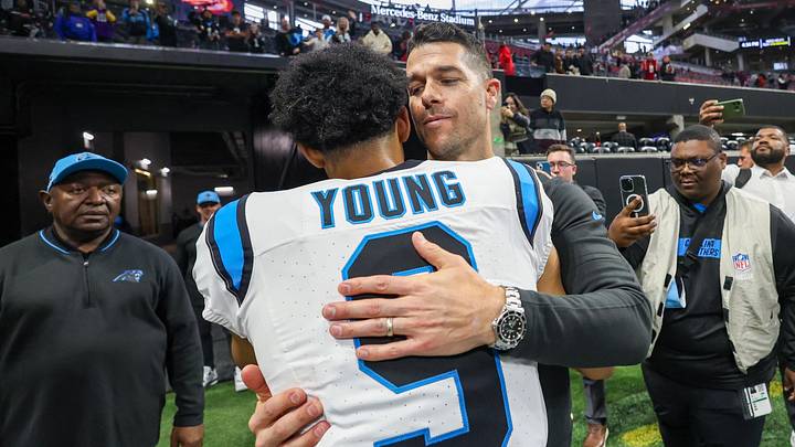 Carolina Panthers head coach Dave Canales celebrates with quarterback Bryce Young Carolina Panthers head coach Dave Canales celebrates with quarterback Bryce Young