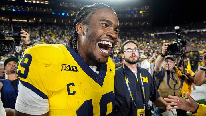 Michigan quarterback Bryce Underwood celebrates the 13-12 win over Western Michigan. Michigan quarterback Bryce Underwood celebrates the 13-12 win over Western Michigan.