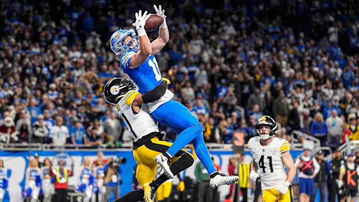 Detroit Lions wide receiver Isaac TeSlaa cannot make the touchdown catch against Pittsburgh Steelers safety Chuck Clark late in the fourth quarter at Ford Field in Detroit on Sunday, Dec. 21, 2025.