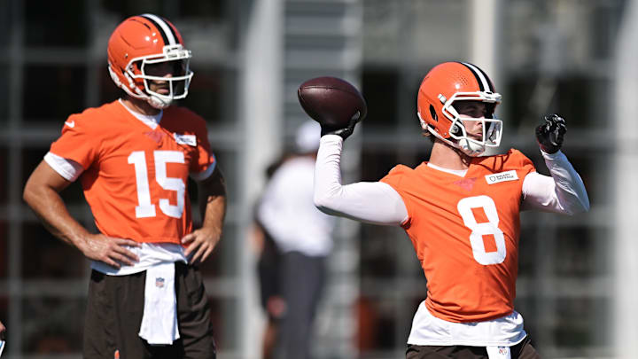 Jul 23, 2025; Berea, OH, USA; Cleveland Browns quarterback Kenny Pickett (8) throws a pass as quarterback Joe Flacco (15) looks on during training camp at CrossCountry Mortgage Campus. Mandatory Credit: Ken Blaze-Imagn Images