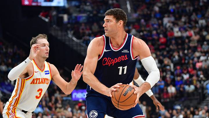 Nov 10, 2025; Inglewood, California, USA; Los Angeles Clippers center Brook Lopez (11) moves the ball against Atlanta Hawks guard Luke Kennard (3) during the first half at Intuit Dome. Mandatory Credit: Gary A. Vasquez-Imagn Images Nov 10, 2025; Inglewood, California, USA; Los Angeles Clippers center Brook Lopez (11) moves the ball against Atlanta Hawks guard Luke Kennard (3) during the first half at Intuit Dome. Mandatory Credit: Gary A. Vasquez-Imagn Images