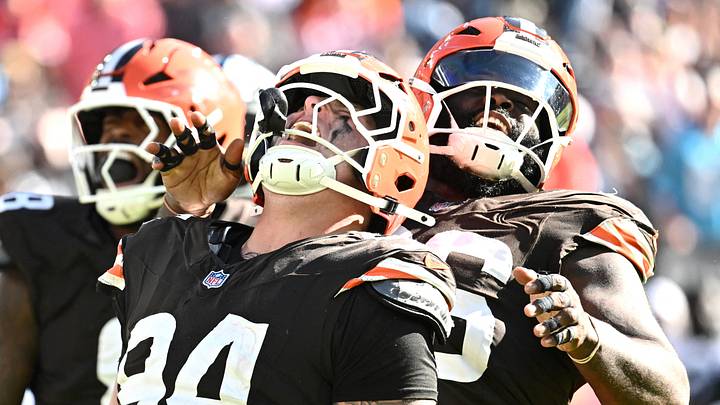Sep 27, 2026; Cleveland, Ohio, USA; Cleveland Browns defensive tackle Mason Graham (94) and defensive tackle Maliek Collins (96) celebrate after a sack against the Carolina Panthers during the fourth quarter at Huntington Bank Field. Mandatory Credit: Ken Blaze-Imagn Images Sep 27, 2026; Cleveland, Ohio, USA; Cleveland Browns defensive tackle Mason Graham (94) and defensive tackle Maliek Collins (96) celebrate after a sack against the Carolina Panthers during the fourth quarter at Huntington Bank Field. Mandatory Credit: Ken Blaze-Imagn Images
