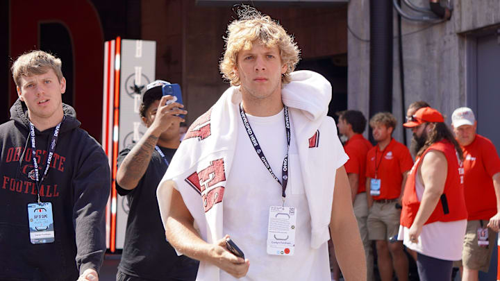Corbyn Fordham, The Bolles School tight end, soaks up the atmosphere of the game between the Ohio State Buckeyes and Texas Longhorns at Ohio Stadium on Aug. 30, 2025.